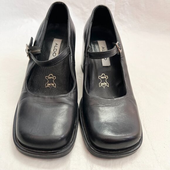 Vintage 90s Aldo shoes mary jane high heels black leather square toe EU 35 5 - Picture 2 of 12